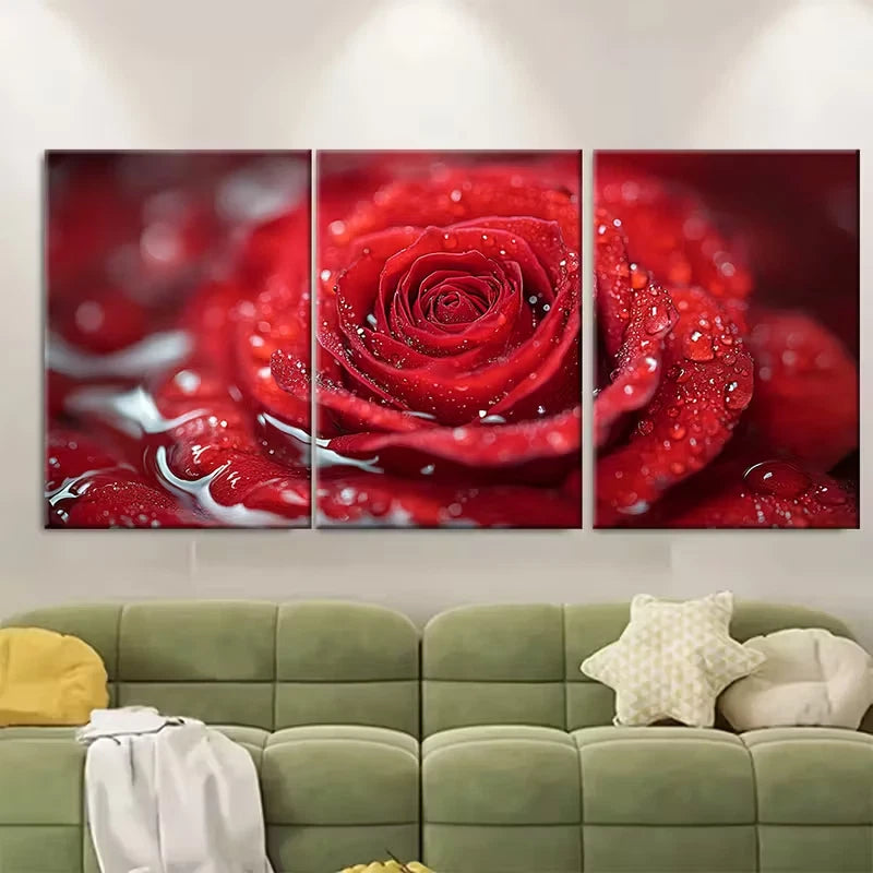 3pcs , Elegant Red Rose Water Metal Print Ready to Hang Art