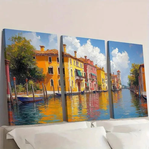 3pcs Colorful Italian Waterfront FG Wall Art Set Canvas Unframed - High Quality Print 100% Australian Made Wall Canvas