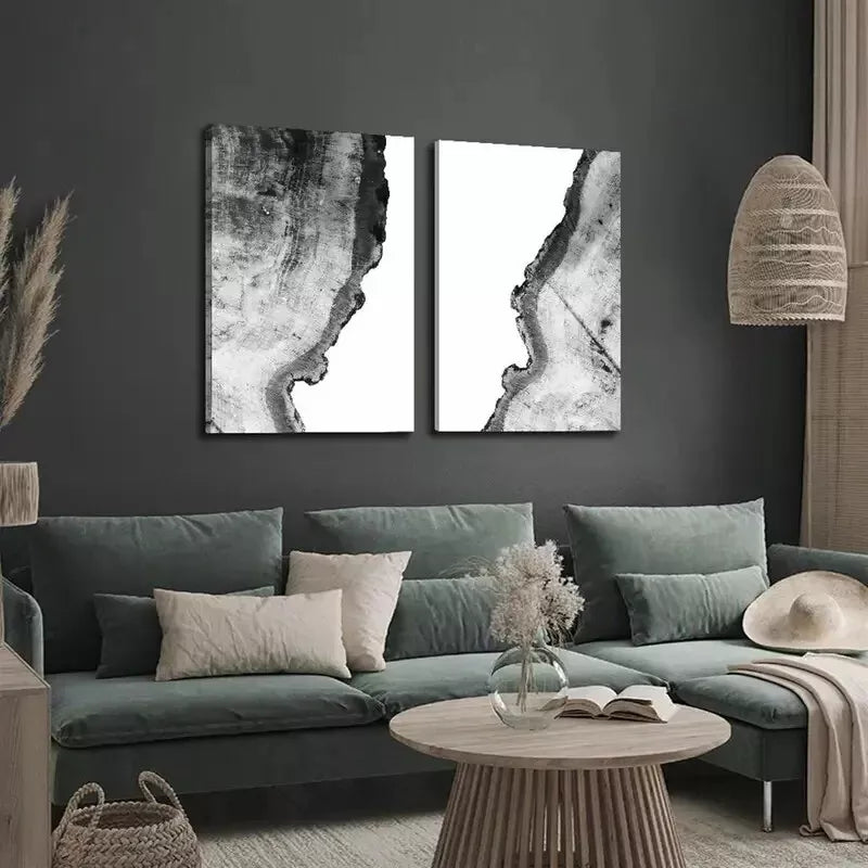 2pcs Modern Nordic Tree Rings Elegant Black & White Abstract Canvas Framed 50x75cm - High Quality Print 100% Australian Made Wall Canvas Ready to Hang - Bella Home Decor