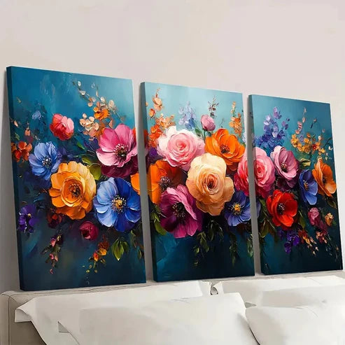 3pcs Colorful Floral Blue, Pink, Orange & Purp Wall Art Set Canvas Unframed - High Quality Print 100% Australian Made Wall Canvas