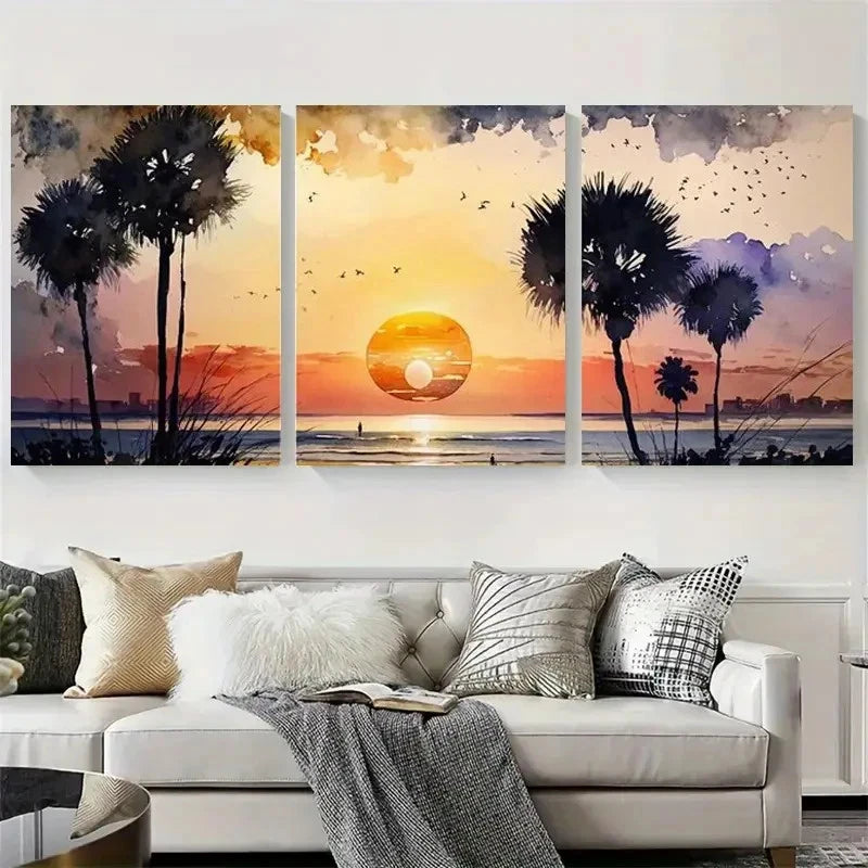 3pcs Vibrant Tropical Palm Silhouette Wall Art Set Canvas Framed 60x90cm - High Quality Print 100% Australian Made Wall Canvas Ready to Hang