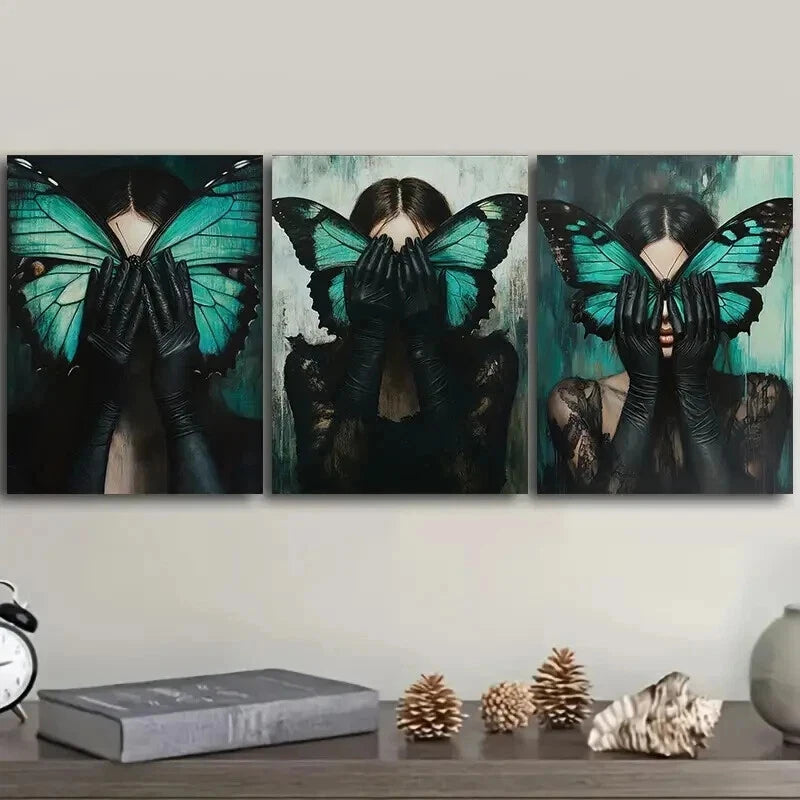 3pcs The woman with the green butterfly Wall Art Set Canvas Framed 50x70cm - High Quality Print 100% Australian Made Wall Canvas Ready to Hang