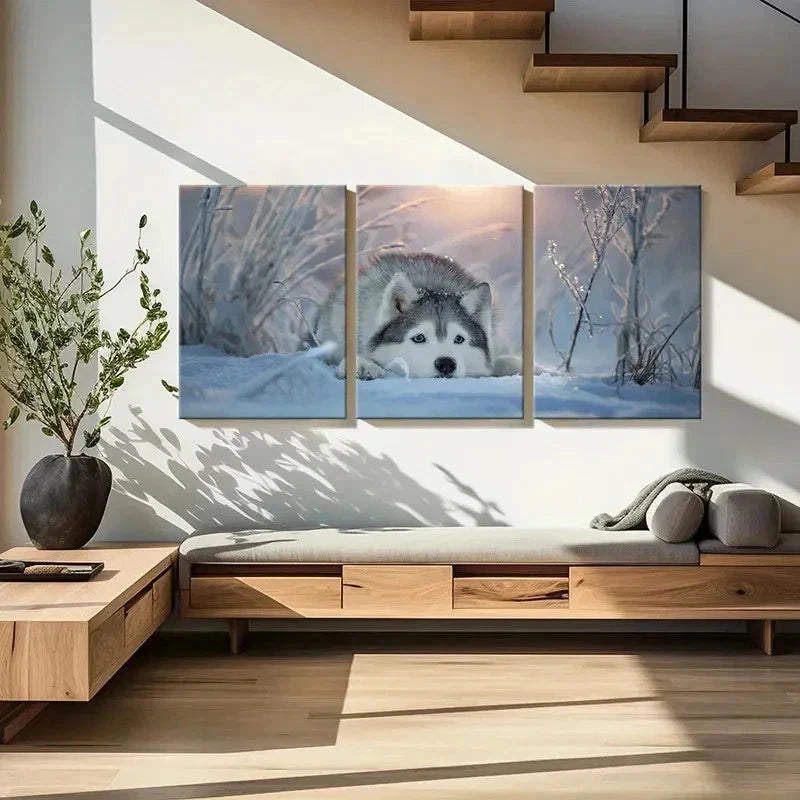 3pcs Snowy Landscape with Arctic Husky Dog Wall Art Set Canvas Framed 40x60cm - High Quality Print 100% Australian Made Wall Canvas Ready to Hang