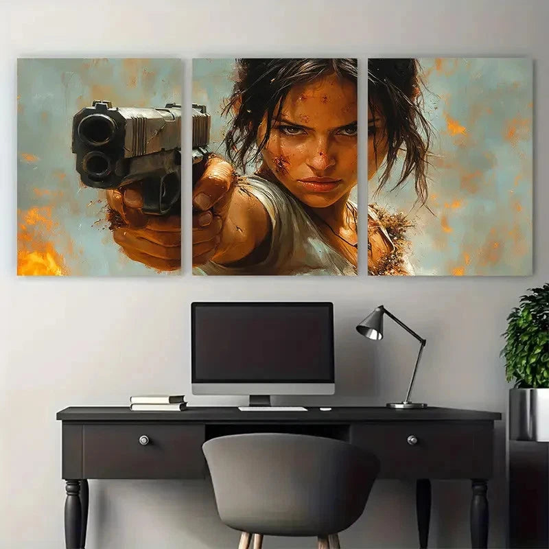 3pcs Strong Woman Fighter with Gun Destroyed Wall Art Set Canvas Framed 50x70cm - High Quality Print 100% Australian Made Wall Canvas Ready to Hang