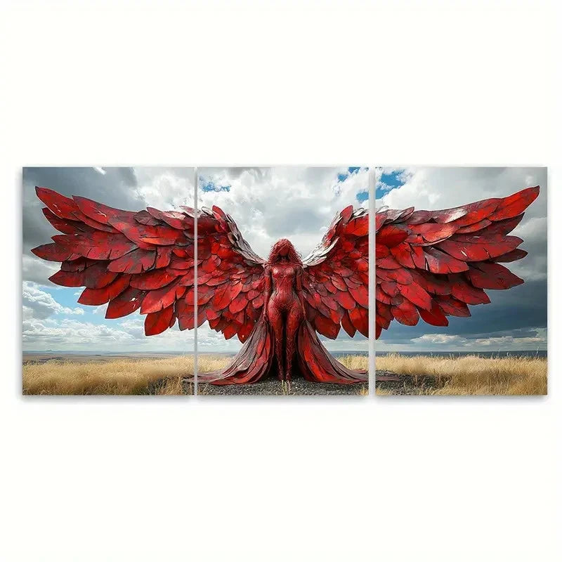 3pcs Sun Kissed Red Iron Angel of the North Wall Art Set Canvas Framed 50x70cm - High Quality Print 100% Australian Made Wall Canvas Ready to Hang