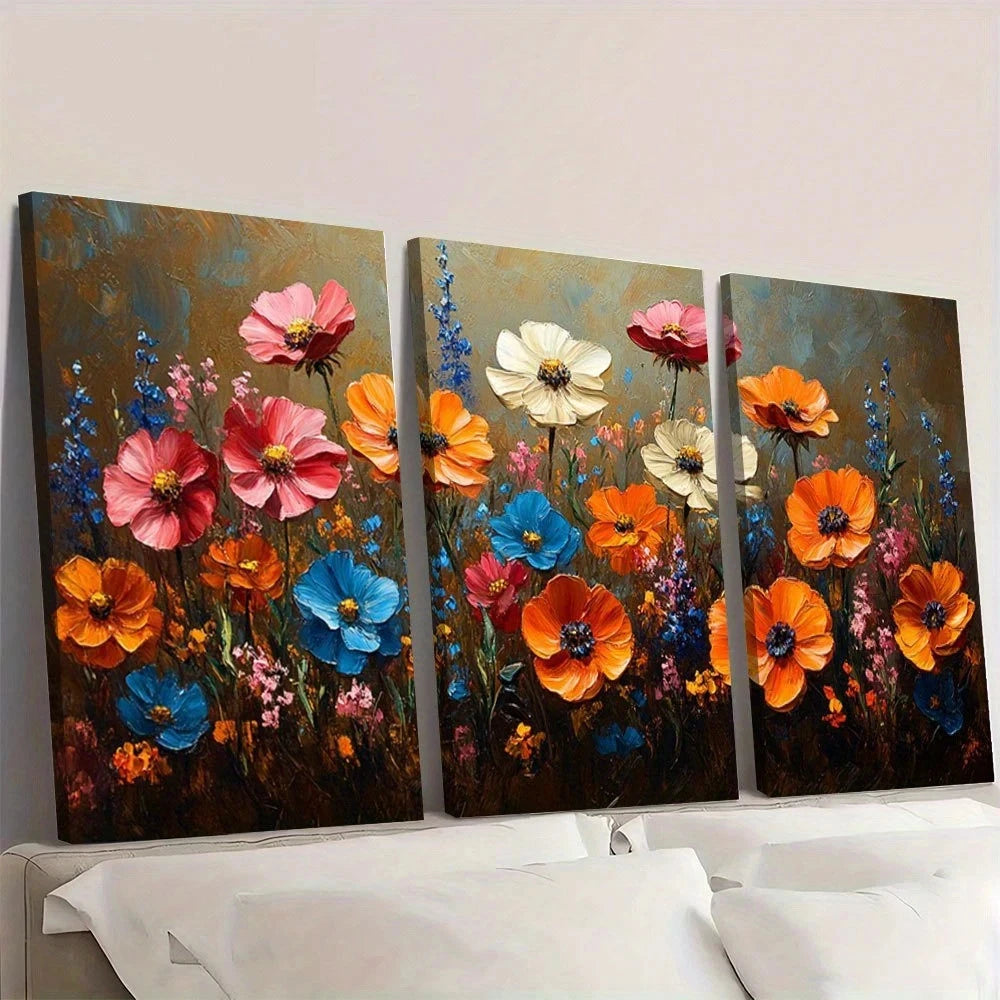 3pcs Vintage Wildflower Oil Painting Wall Art Set Canvas Framed 60x90cm - High Quality Print 100% Australian Made Wall Canvas Ready to Hang