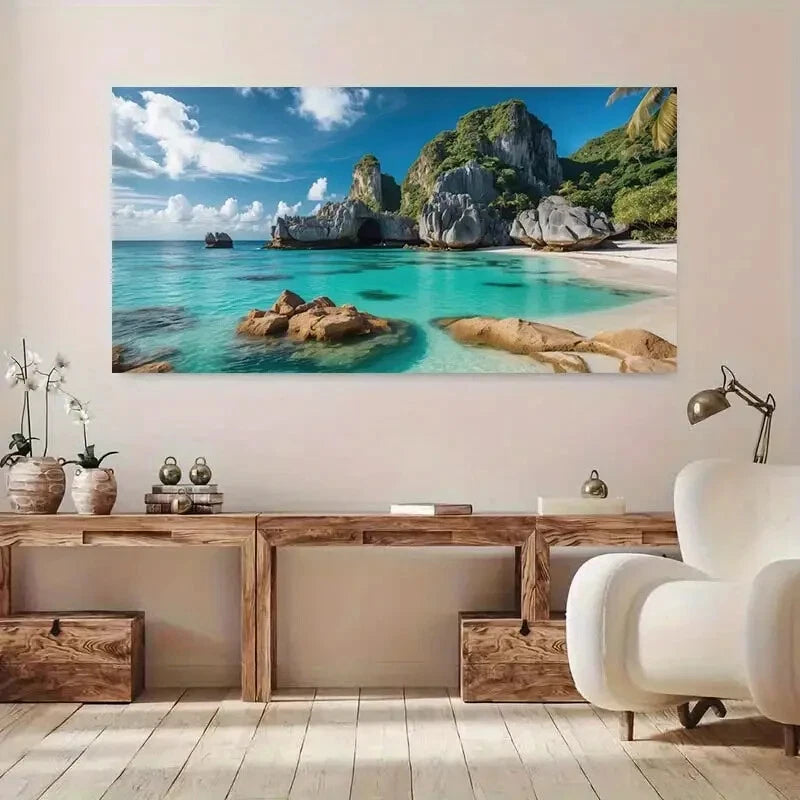 Tropical Palm Rocks Beach wall canvas office home room framed 120x60cm - Bella Home Decor
