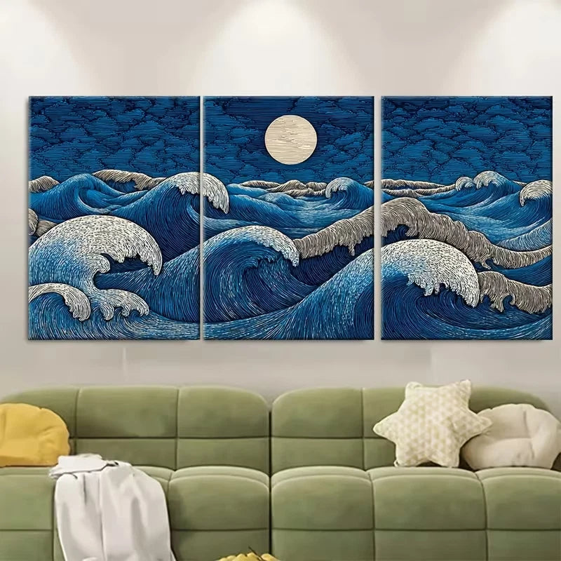 3pcs Moonlit Tides Mystical Wave Ocean Metal Print Ready to Hang Art