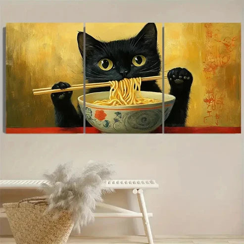 3pcs Vintage Black Cat Eating Ramen Cute Black Wall Art Set Canvas Unframed - High Quality Print 100% Australian Made Wall Canvas