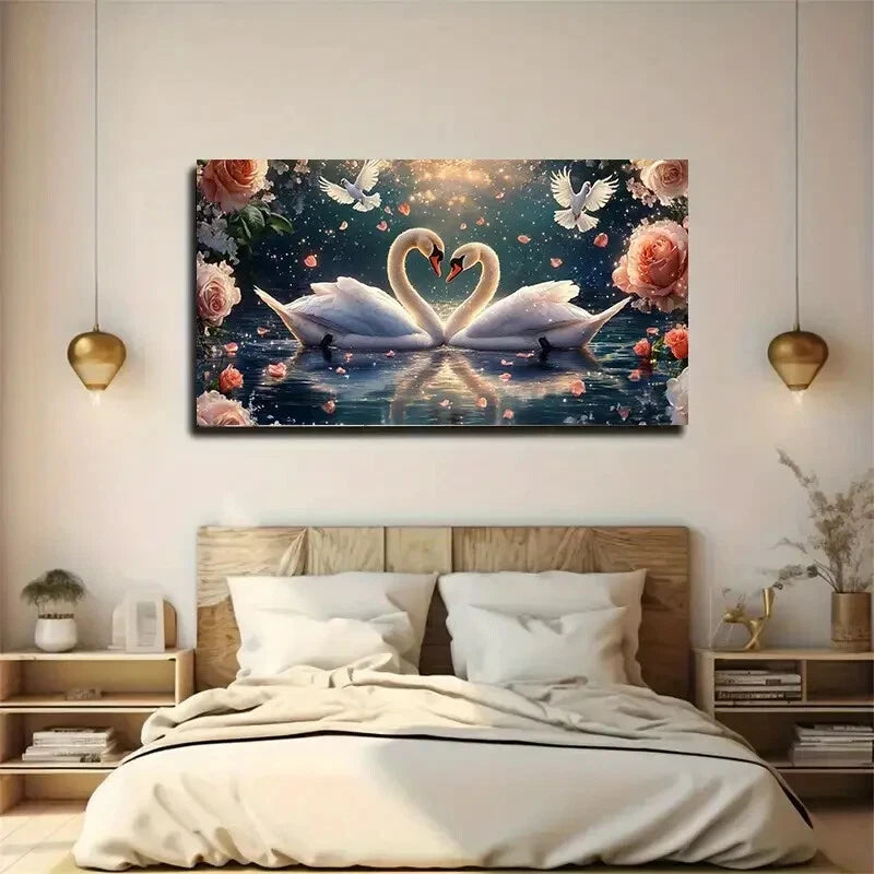 Abstract Blue White Swan wall canvas office home room framed 120x60cm - Bella Home Decor