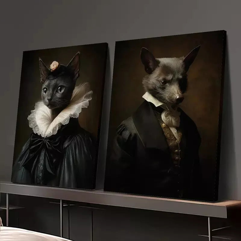 2pcs Black Cat & Bat Gothic Renaissance Portrait Canvas Framed 50x75cm - High Quality Print 100% Australian Made Wall Canvas Ready to Hang