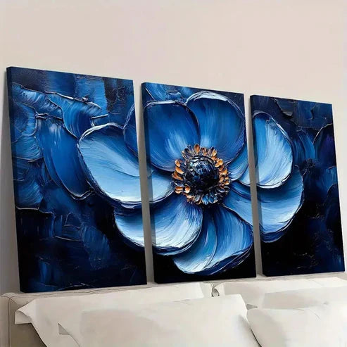 3pcs Heavy Textured Mini Blue Flower BF Wall Art Set Canvas Unframed - High Quality Print 100% Australian Made Wall Canvas
