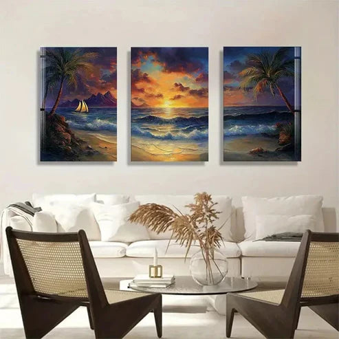 3pcs Sunset Sailing Boat Vibrant Sky Perfect Wall Art Canvas Unframed - High Quality Print 100% Australian Made Wall Canvas
