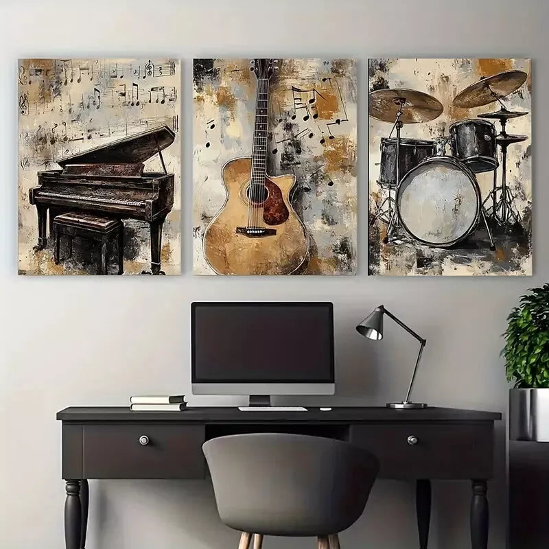 3pcs Vintage Musical Instruments Canvas Framed 40x60cm - High Quality Print 100% Australian Made Wall Canvas Ready to Hang