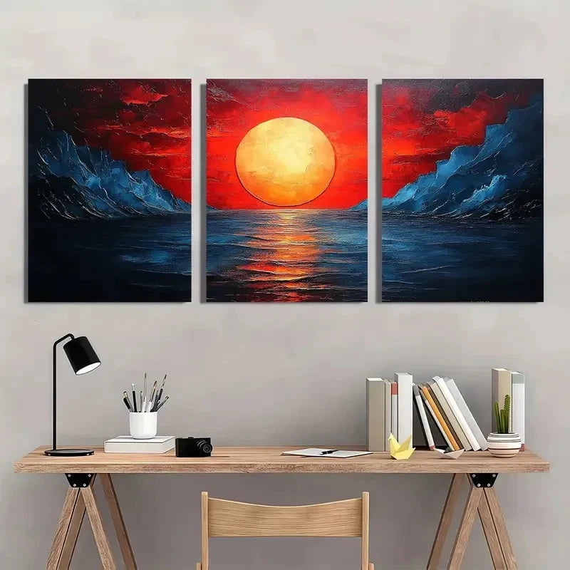 3pcs Seaside Sunset Vibrant Red & Orange Sky Wall Art Set Canvas Framed 60x90cm - High Quality Print 100% Australian Made Wall Canvas Ready to Hang