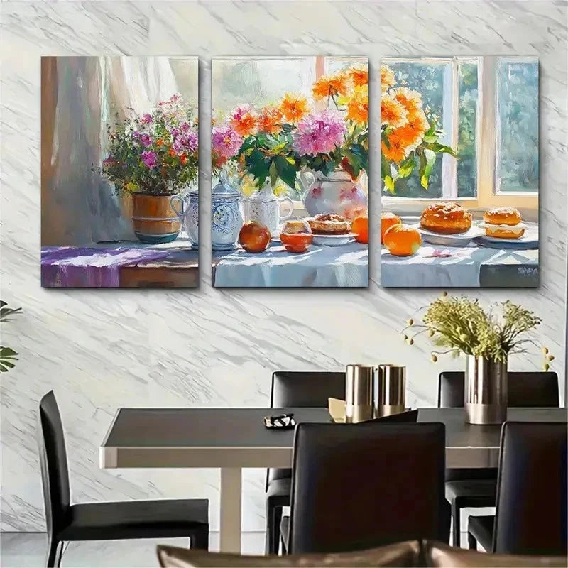 3pcs Life Breakfast Scene Painting G Wall Art Set Canvas Framed 50x70cm - High Quality Print 100% Australian Made Wall Canvas Ready to Hang