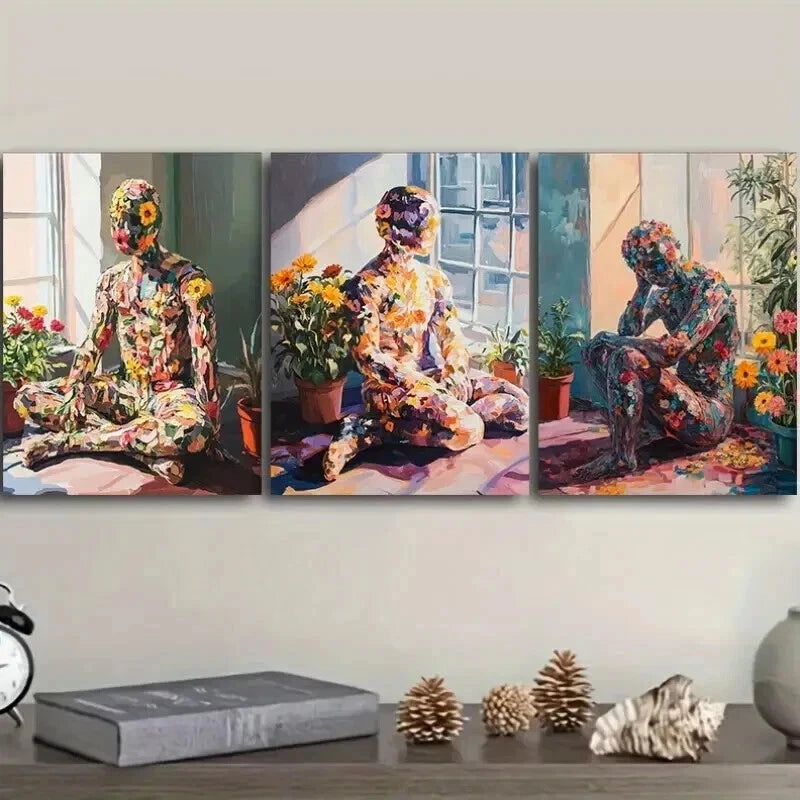 3pcs Abstract Design with Sunflowers & Floral Wall Art Set Canvas Framed 50x70cm - High Quality Print 100% Australian Made Wall Canvas Ready to Hang