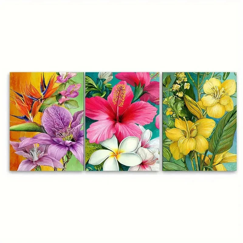 3pcs Colorful Florals with Leaves Illustration Wall Art Set Canvas Framed 40x60cm - High Quality Print 100% Australian Made Wall Canvas Ready to Hang