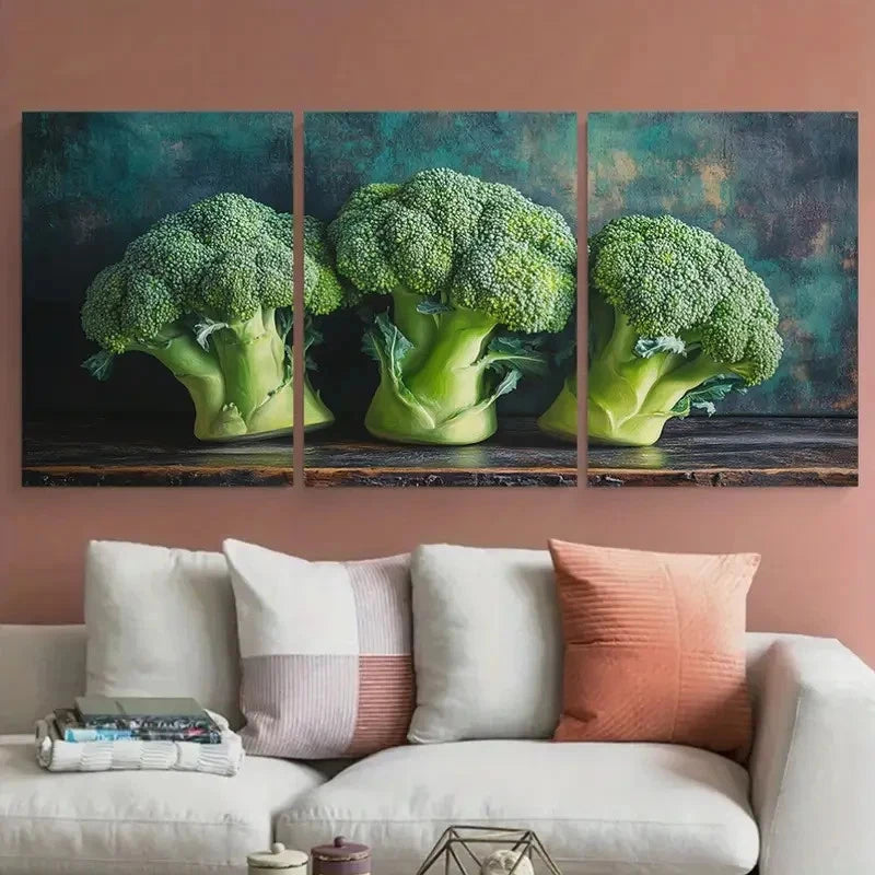 3pcs Broccoli Vegetables Kitchen Design Wall Art Set Canvas Framed 40x60cm - High Quality Print 100% Australian Made Wall Canvas Ready to Hang