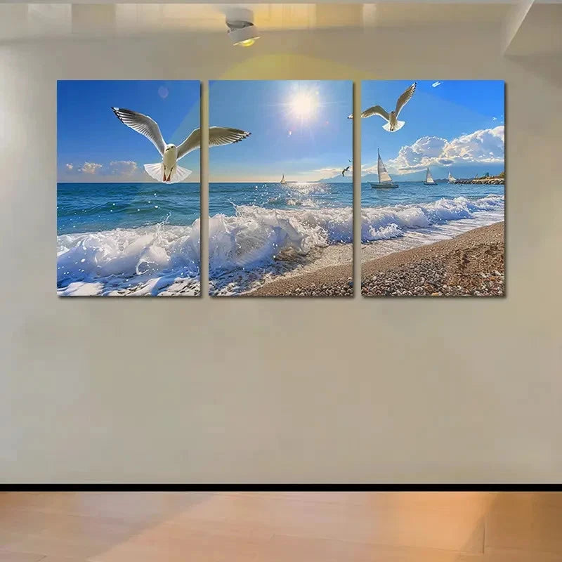 3pcs Beach with Seagulls Sailboats & Sunlit Sky Wall Art Set Canvas Framed 40x60cm - High Quality Print 100% Australian Made Wall Canvas Ready to Hang
