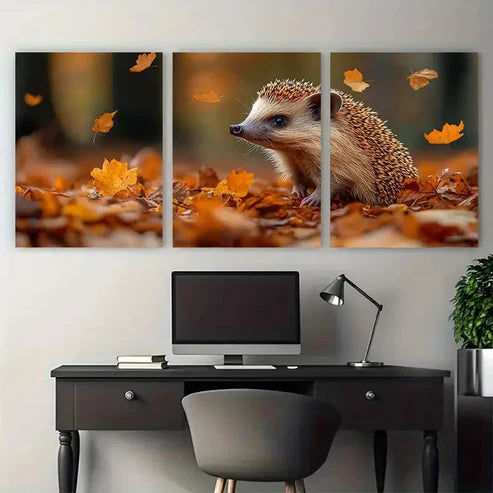 3pcs Autumn European Hedgehog Woodland Wildlife Wall Art Canvas Unframed - High Quality Print 100% Australian Made Wall Canvas