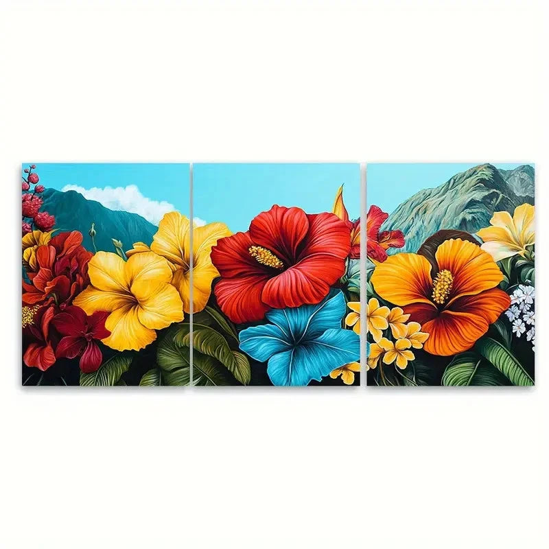 3pcs Santiago Travel Floral Illustration Wall Art Set Canvas Framed 40x60cm - High Quality Print 100% Australian Made Wall Canvas Ready to Hang