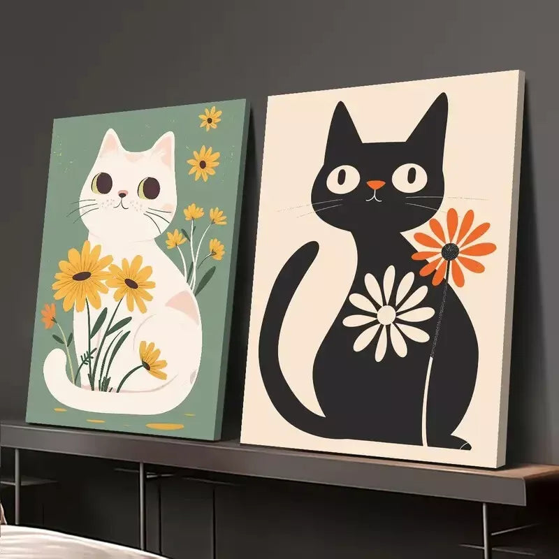 2pcs Colorful Garden Black Cat Cute White Cat, Yellow Daisy Boho Canvas Framed 50x75cm - High Quality Print 100% Australian Made Wall Canvas Ready to Hang