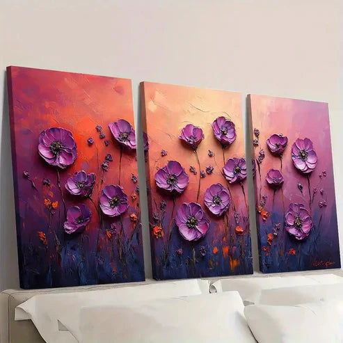 3pcs Pink Floral Abstract Meadow AW Wall Art Set Canvas Unframed - High Quality Print 100% Australian Made Wall Canvas