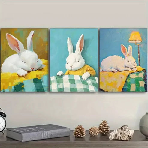 3pcs Featuring Rabbits in a Table Wall Art Set Canvas Unframed - High Quality Print 100% Australian Made Wall Canvas