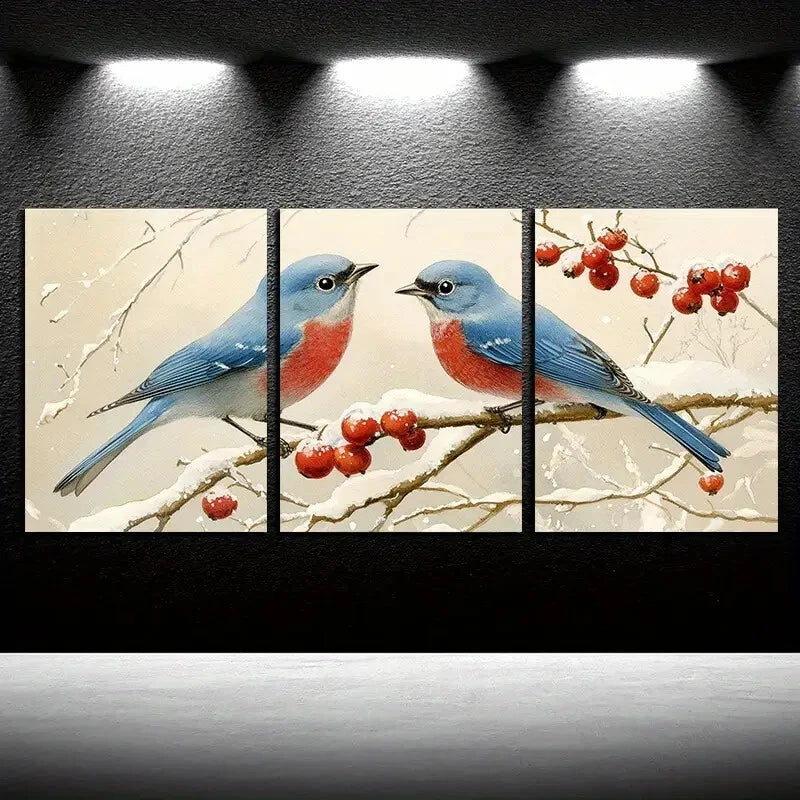 3pcs Bluebirds and Berries in Soft Color Palette Metal Print Ready to Hang Art