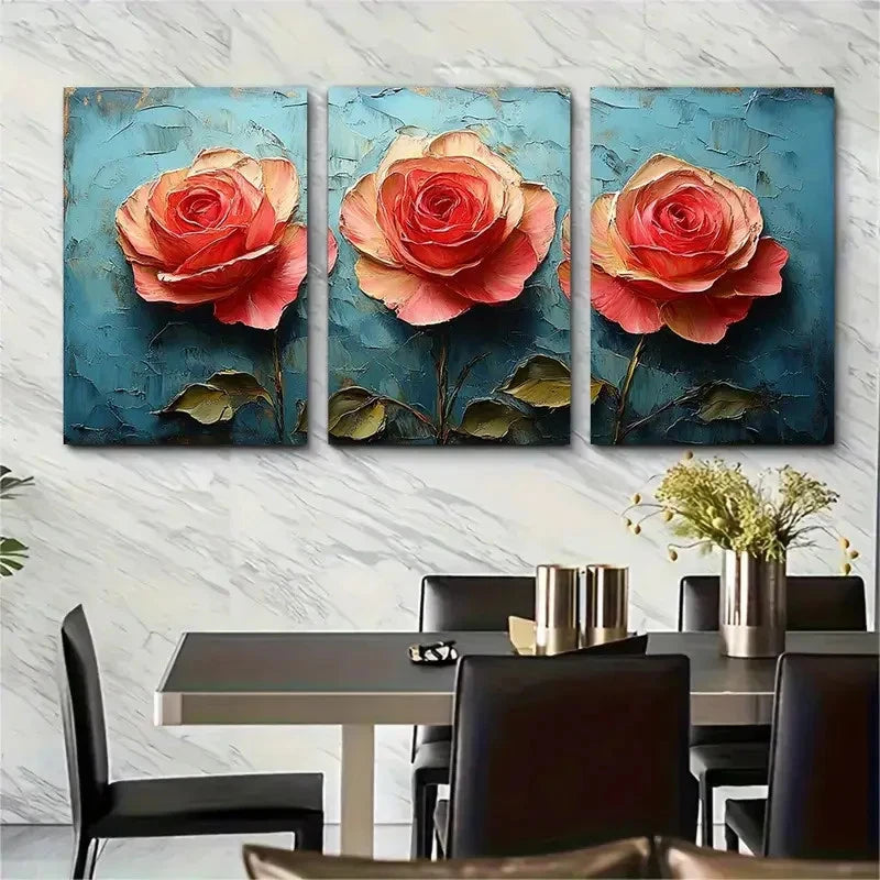 3pcs Rose Painting Flowers Impasto T Wall Art Set Canvas Framed 60x90cm - High Quality Print 100% Australian Made Wall Canvas Ready to Hang