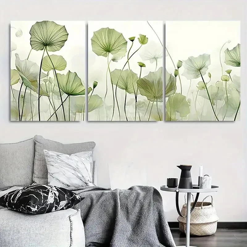 3pcs Serene Green for Lotus Leaf Abstract Wall Art Set Canvas Framed 4