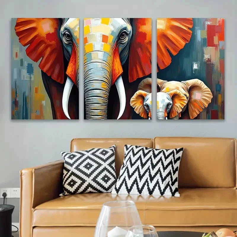 3pcs Abstract Elephant Mother And Calf Painting Wall Art Set Canvas Framed 50x70cm - High Quality Print 100% Australian Made Wall Canvas Ready to Hang