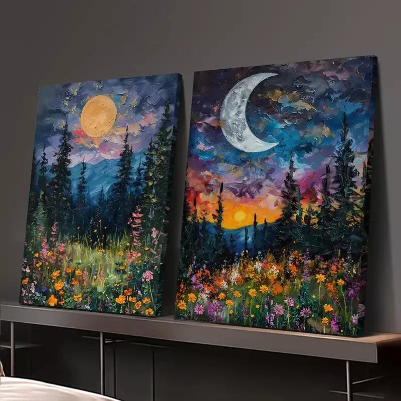 2pcs Vibrant Sun & Moon Floral Oil Paintings Canvas Framed 50x75cm - High Quality Print 100% Australian Made Wall Canvas Ready to Hang
