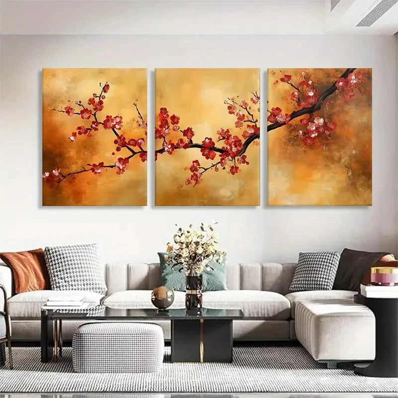 3pcs Cherry Blossom Red Flowers Branch Perfect Wall Art Set Canvas Framed 40x60cm - High Quality Print 100% Australian Made Wall Canvas Ready to Hang