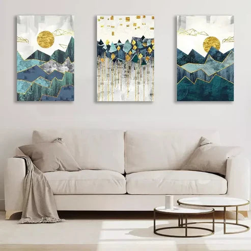 3pcs Abstract Painting Golden Sun Geometric Mountain Wall Art Set Canvas Unframed - High Quality Print 100% Australian Made Wall Canvas