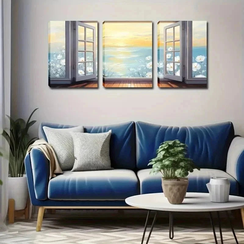 3pcs Sea, Blooming Flowers & Calming Wall Art Set Canvas Framed 40x60cm - High Quality Print 100% Australian Made Wall Canvas Ready to Hang
