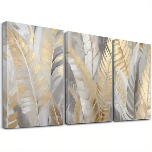 3pcs Abstract Golden Leaf Palm Canvas Framed 60X90cm - High Quality Print 100% Australian Made Wall Canvas Ready to Hang