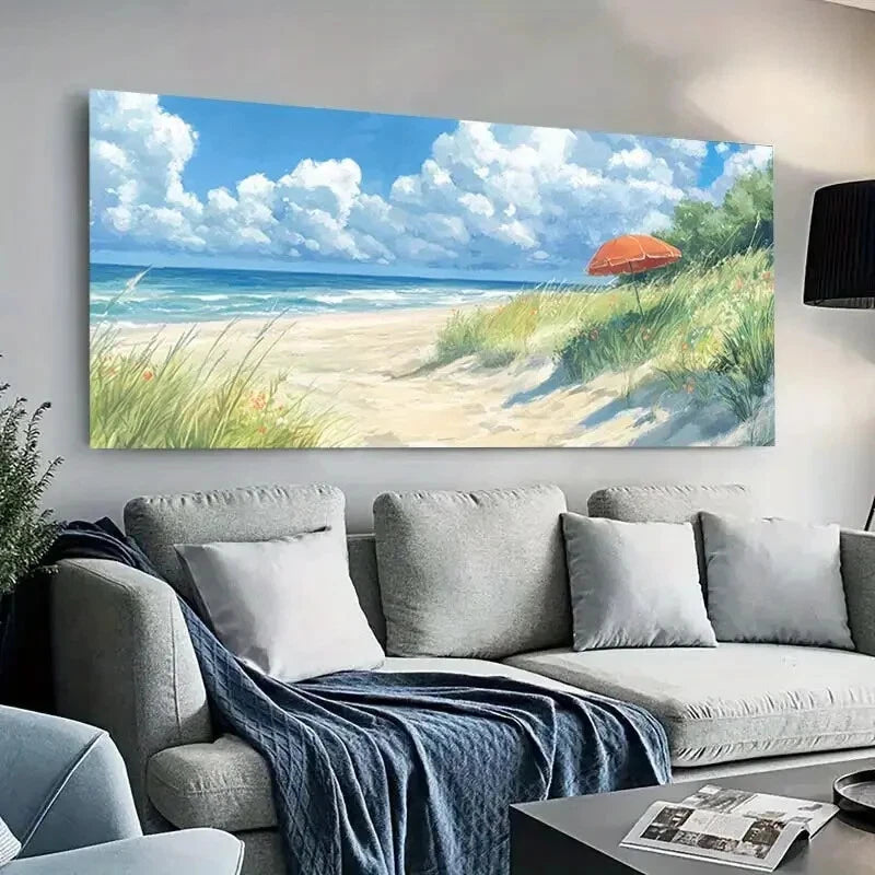 Serene Beach Umbrella Sky wall canvas office home room framed 120x60cm - Bella Home Decor