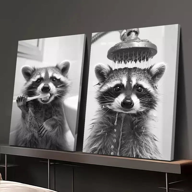 2pcs Black and White Photo of a Raccoon in it's Daily Routine Canvas Framed 50x75cm - High Quality Print 100% Australian Made Wall Canvas Ready to Hang