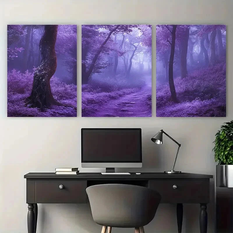 3pcs Enchanting Purple Fairy Tale Misty Forest Wall Art Set Canvas Framed 50x70cm - High Quality Print 100% Australian Made Wall Canvas Ready to Hang