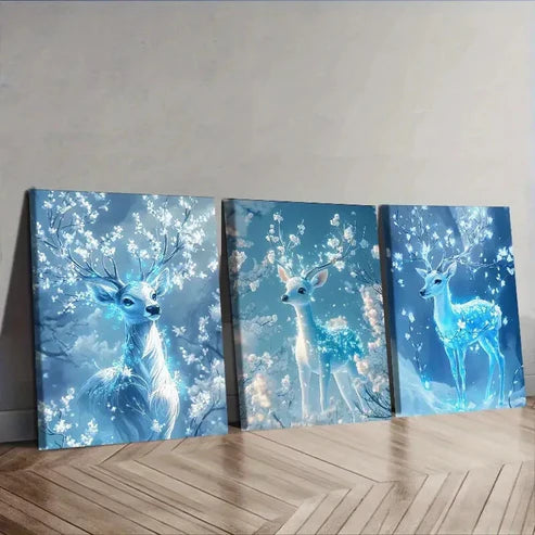 3pcs A deer with ice-blue Wall Art Set Canvas Unframed - High Quality Print 100% Australian Made Wall Canvas