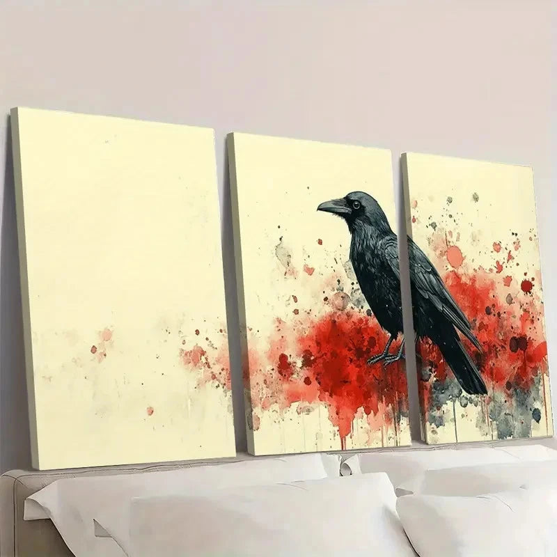3pcs Black Crow Art Print E \ Wall Art Set Canvas Framed 60x90cm - High Quality Print 100% Australian Made Wall Canvas Ready to Hang