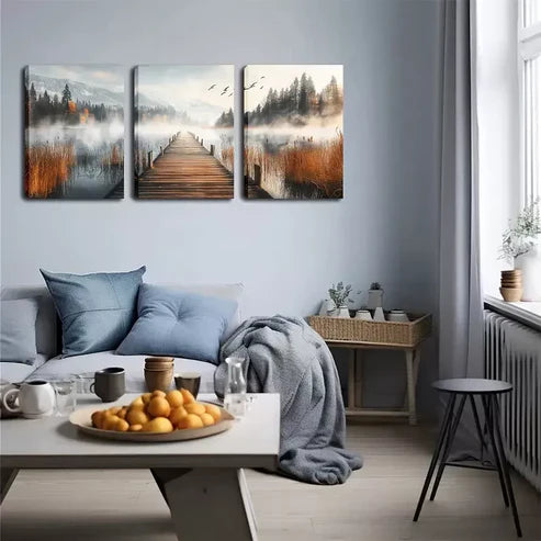 3pcs Peaceful Lake, A Wooden Bridge Wall Art Canvas Unframed - High Quality Print 100% Australian Made Wall Canvas