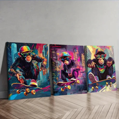 3pcs Monkey Skateboard Design Wall Art Set Canvas Unframed - High Quality Print 100% Australian Made Wall Canvas