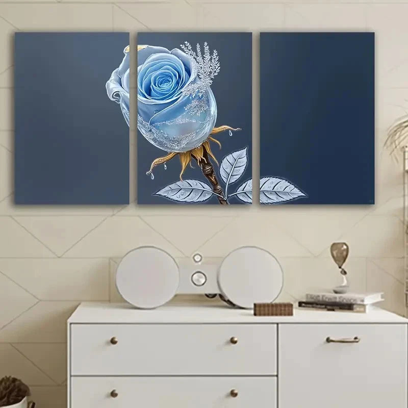 3pcs Blue Rose With Water Droplets Wall Art Set Canvas Framed 40x60cm - High Quality Print 100% Australian Made Wall Canvas Ready to Hang