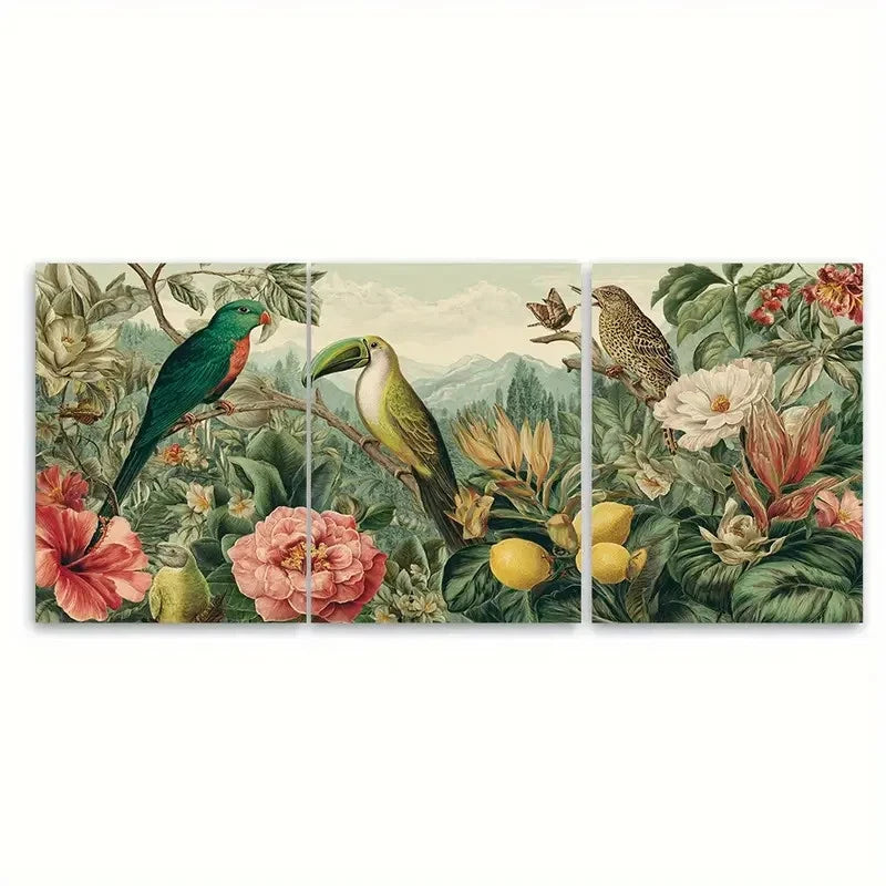 3pcs Botanical Florals & Birds Venezuela Travel Wall Art Set Canvas Framed 60x90cm - High Quality Print 100% Australian Made Wall Canvas Ready to Hang