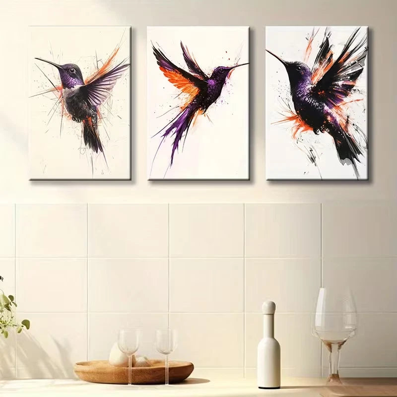 3pcs Purple and Black Hummingbird Bird Paintings Wall Art Set Canvas Framed 60x90cm - High Quality Print 100% Australian Made Wall Canvas Ready to Hang