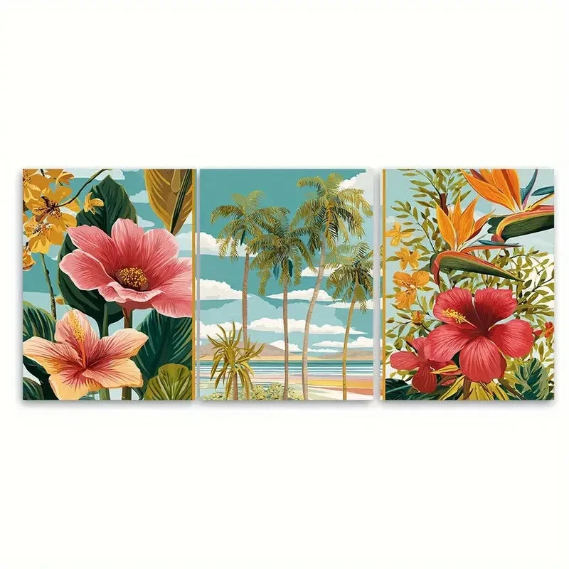 3pcs Lanzarote Travel Beach Floral Illustration Wall Art Set Canvas Framed 50x70cm - High Quality Print 100% Australian Made Wall Canvas Ready to Hang