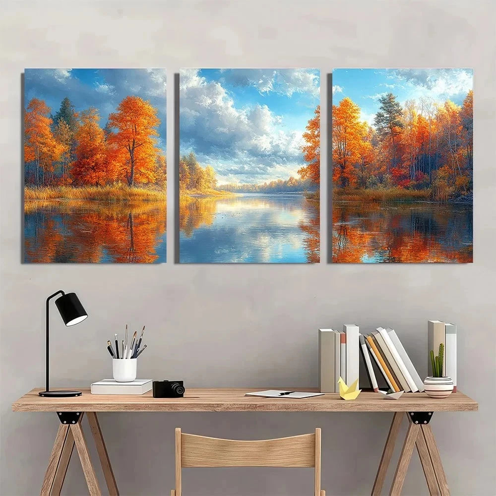 3pcs Vibrant Autumn Colorful Tree River Wall Art Set Canvas Framed 60x90cm - High Quality Print 100% Australian Made Wall Canvas Ready to Hang